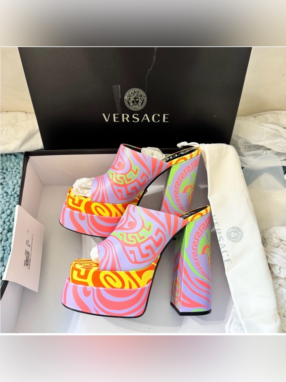 Versace Neon Pink Orange Platform Mules